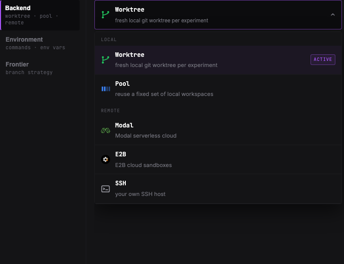 Dashboard Settings modal with the Backend section selected, showing the worktree backend option.